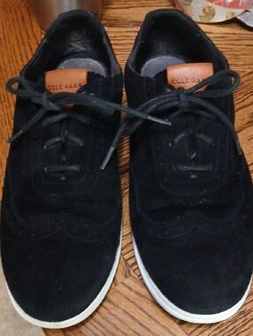 Cole Haan Black Suede Wingtip Derby Sneakers with Tan Leather Tongue,sz.7b